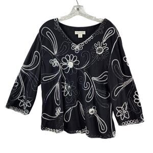 Christopher & Banks Black Embroidered Blouse Size XL 3/4 Sleeve Scalloped Hem